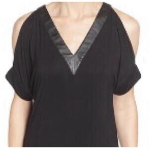 Michael Kors Womens Sz Med Cold Shoulder Faux Leather Trim Black Blouse